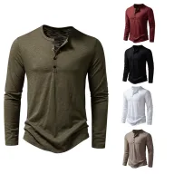 Mens Long Sleeve Collarless T Shirt in Solid Colors Made of Polyester for Spring Casual Wear