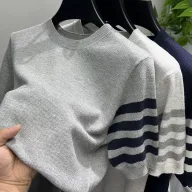 Mens Short Sleeve Striped Knitted T Shirt with Breathable Fabric in Multiple Colors and Sizes