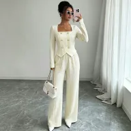 Womens Two Piece Set Square Neckline Double Breasted Top and Wide Leg Pants Casual Office Wear