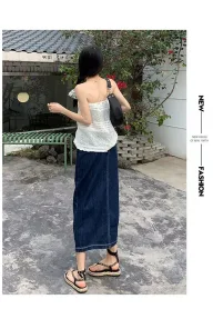 Light Blue High Waist A Line Midi Skirt for Women with Side Slit Casual Summer Wear in Multiple Sizes