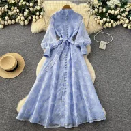 French Romantic Style Embroidered A Line Dress Lantern Sleeves High Collar Waist Defining Elegant Long Dress