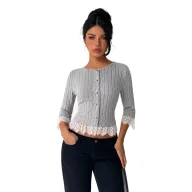 Gray Knit Top for Women Lace Panel Slim Fit Versatile Style Perfect for Casual Wear or Layering Wholesale Available