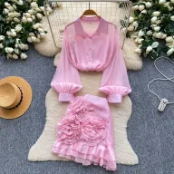 Pink Floral Two Piece Set for Women Elegant Blouse and Skirt Perfect for Early Summer