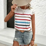 Lace Trim Ruffle Sleeve Striped T Shirt Summer Casual Style Lightweight Fabric Wholesale Available