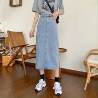 High Waist Denim Midi Skirt for Women Vintage Style Slim Fit with Side Slit Casual Summer Wear