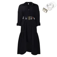 Casual Button Up Shirt Dress for Women Loose Fit Solid Color Available in Black and Beige Wholesale with Low MOQ