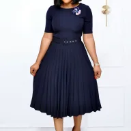 Pleated Midi Dress for Women Round Neckline Plus Size Available Green and Dark Blue Wholesale with Low MOQ