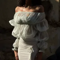 Off Shoulder Chiffon Top Sheer Design Hollow Out Long Sleeve Fashionable for Fall Wholesale Available