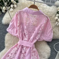 Pink Lace Embroidered A Line Dress High Waist Slim Fit Elegant Style Summer Occasion Wholesale Available