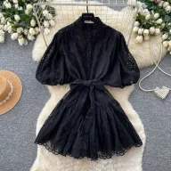French Court Style Lantern Sleeve Lace Dress for Women V Neck Waist Tie A Line Silhouette Elegant Summer Occasion
