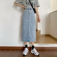 High Waist Denim Midi Skirt for Women Vintage Style Slim Fit with Side Slit Casual Summer Wear