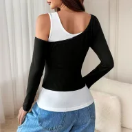 Asymmetrical Black Tank Top with Long Sleeves and Unique Design for Spring and Autumn Wholesale low MOQ
