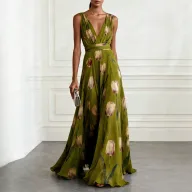 Floral Maxi Dress Casual Loose Fit Waist Defined V Neck Sleeveless Summer Vacation Wear Wholesale Available