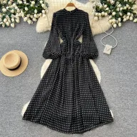 French Style High End Stand Collar Lantern Sleeve Polka Dot Dress Waist Defining Slim Fit Elegant Long Dress Autumn