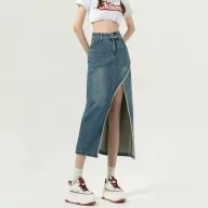 High Waist A Line Denim Skirt Vintage Style Frayed Hem Irregular Split Design Spring Fashion