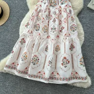 French Country Style Floral Print Maxi Dress High Waist A Line Silhouette Sleeveless Summer Vacation Wear Wholesale