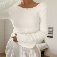 Womens Long Sleeve T Shirt Lace Panel Design Slim Fit Backless White Casual Wear