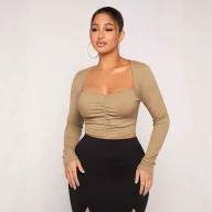 Vintage Square Neck Long Sleeve T Shirt for Women Slim Fit Knitted Top in Khaki Casual Wear