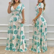 Elegant Womens Beach Dress High Waist Short Sleeve V Neck Polyester available in Multiple Sizes