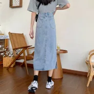 High Waist Denim Midi Skirt for Women Vintage Style Slim Fit with Side Slit Casual Summer Wear