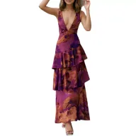 Fashionable Printed Cake Dress Summer Deep V Neck Shoulder Straps Vacation Style Wholesale Available