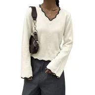 Womens Color Block V Neck Sweater Casual Style Lightweight Knit Available in White Wholesale Supply