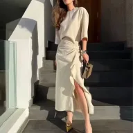 Summer Casual Dress for Women Solid Color Split Hem Pleated Design Vacation Style Wholesale Available