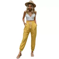 Casual Womens Pants Solid Color Cotton Linen Drawstring Cuffed Trousers in Yellow Sizes S to XL