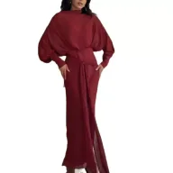 High Waist Long Sleeve Stand Collar Elegant Solid Red Chiffon Dress for Women