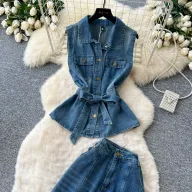 Sleeveless Denim Two Piece Set for Women Slim Fit High Waist Pants and Tank Top Casual Summer Outfit
