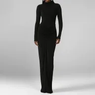 Elegant Sleeveless High Waist Solid Polyester Dress in Black for Women