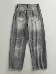 Gray Vintage Wash Loose Fit Denim Pants for Men Sleeveless Collarless Breathable Casual