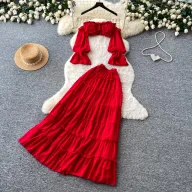 Off Shoulder Crop Top and Ruffled Skirt Set Lightweight Chiffon Summer Casual Wear