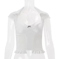 Womens Summer T Shirt Ruffle Trim Pleated Design Waist Cinching Short Sleeve Casual Fashion Top Wholesale