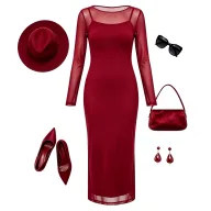 Two Piece Dress Set Off Shoulder Long Sleeve Sheer Overlay Bodycon Midi Skirt Casual or Party Wear Wholesale