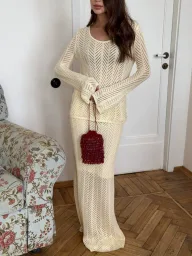 Knitted Two Piece Set Hollow Out Design Long Sleeve Top and Midi Skirt Cotton Fabric Casual Vacation Wear Wholesale