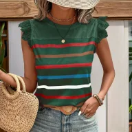 Lace Trim Ruffle Sleeve Striped T Shirt Summer Casual Style Lightweight Fabric Wholesale Available