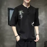 Mens Loose Fit Short Sleeve T Shirt Embroidered Linen Fabric Summer Casual Wear Available in Multiple Sizes and Colors