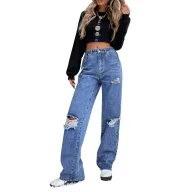 High Waist Wide Leg Distressed Denim Jeans for Women Casual Loose Fit Blue low MOQ