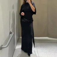 Elegant Black Formal Long Dress with High Waist Long Sleeves Solid Pattern for Special Occasions