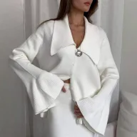 Womens Knitted Polo Sweater Set Solid Color Flare Sleeve Cardigan and Skirt Autumn Winter Fashion