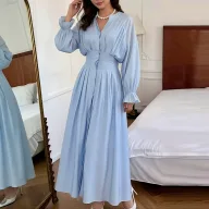 Elegant High Waist Long Sleeve V Neck Solid Polyester Dress for Women