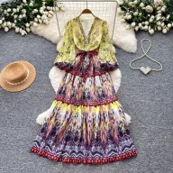 Bohemian Floral Maxi Dress for Women V Neck Long Sleeve Waist Tie A Line Silhouette Elegant Vacation Style