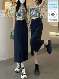 Plus Size Black Denim A Line Skirt with High Waist and Side Slit for Spring Summer Wholesale private label