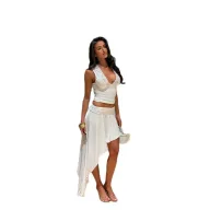 Sleeveless V Neck Top and Asymmetrical Skirt Set Slim Fit Casual Vacation Style Available in White Wholesale