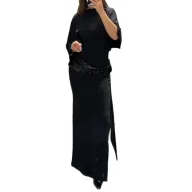 Elegant Black Formal Long Dress with High Waist Long Sleeves Solid Pattern for Special Occasions