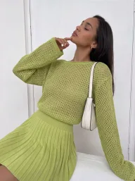 Lace Knit Two Piece Set for Women Loose Fit Sweater and Pleated Skirt Casual Fashion for Spring and Autumn Wholesale