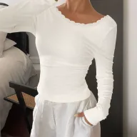 Womens Long Sleeve T Shirt Lace Panel Design Slim Fit Backless White Casual Wear