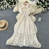 Pink Lace A Line Dress for Women Short Sleeve Collared Slim Fit Elegant Style for Parties and Events Wholesale