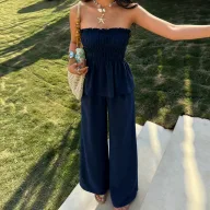 Off Shoulder Crop Top and Wide Leg Pants Set for Women Slim Fit Casual Style Available in Blue Wholesale Sizes S to XL